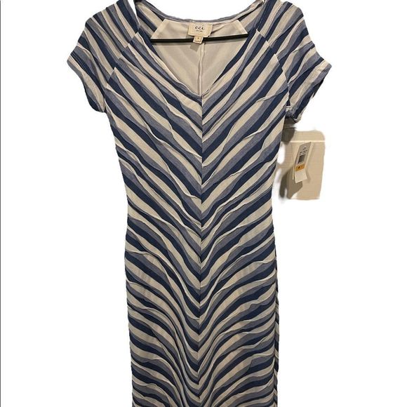 Eci New York Textured Fancy Weave Knit Blue and White Striped Dress - Picture 1 of 6